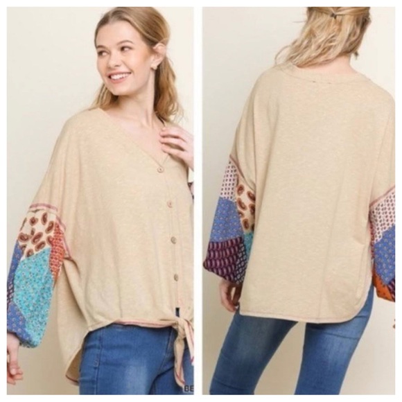 27 Boho Tie Front Contrast Top - Picture 2 of 4